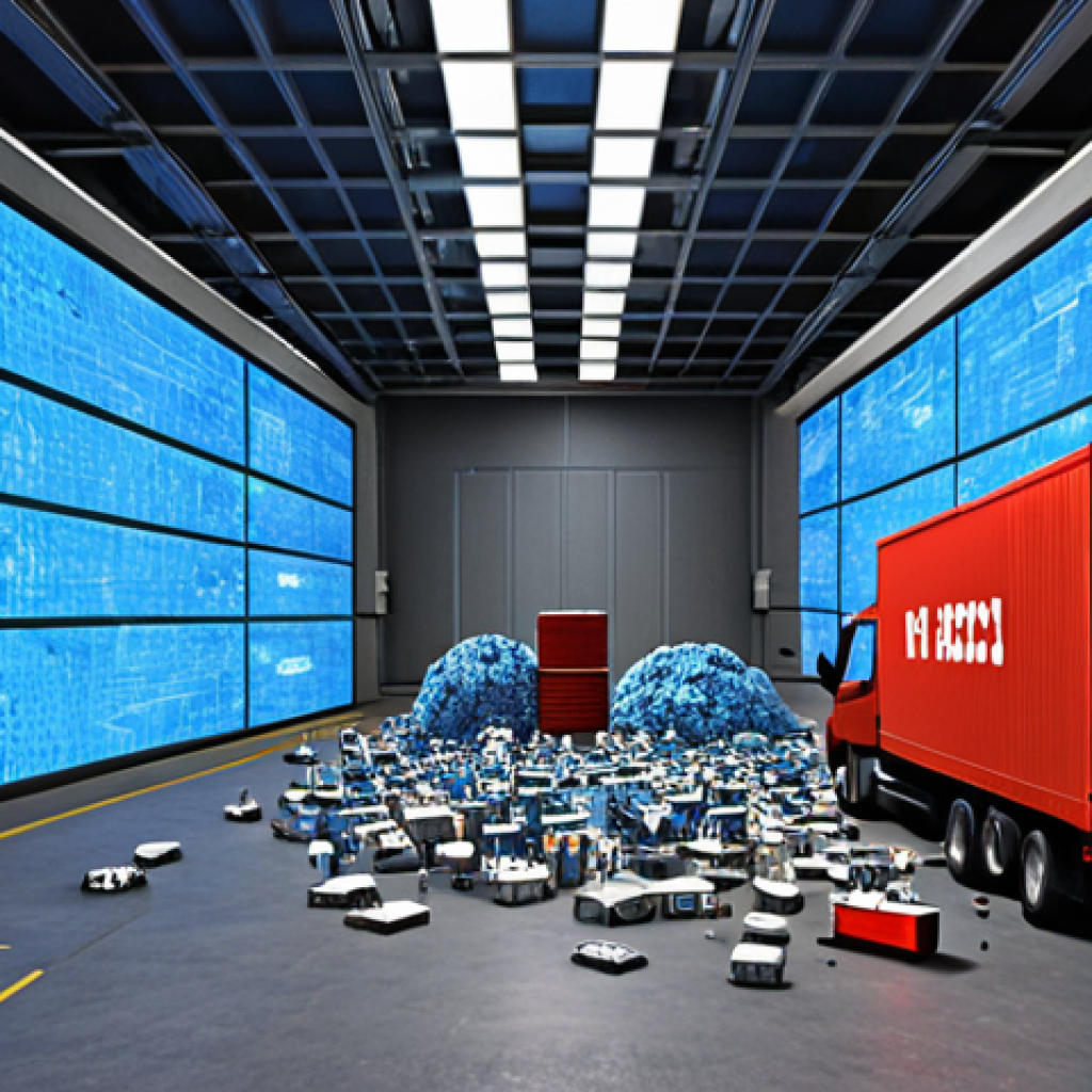 ** A cyberattack on a logistics company, showing encrypted systems and chaos, emphasizing the damage from ransomware.

**