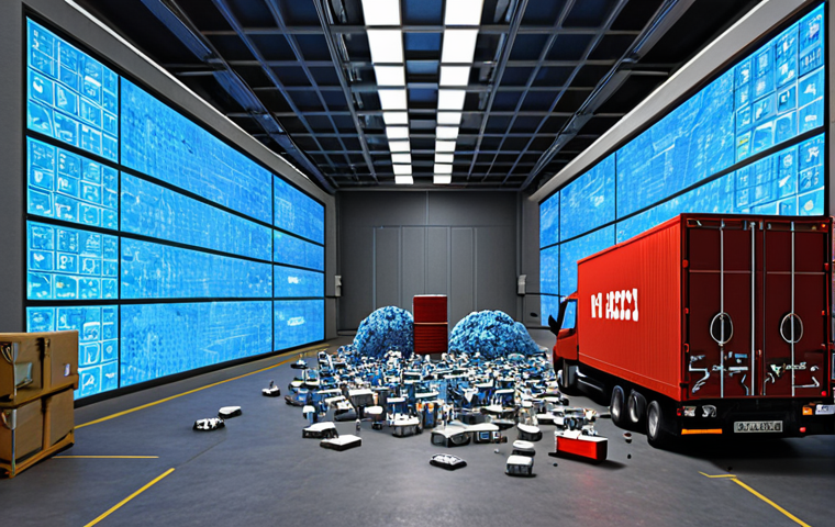 ** A cyberattack on a logistics company, showing encrypted systems and chaos, emphasizing the damage from ransomware.
**