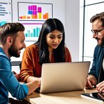 ** A diverse group of people interacting in a modern co-working space, some discussing charts and graphs on laptops, symbolizing building a wide network for support and sharing information, reflecting a vibrant and collaborative atmosphere.

**