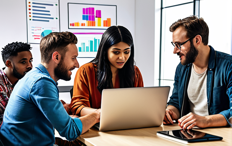 ** A diverse group of people interacting in a modern co-working space, some discussing charts and graphs on laptops, symbolizing building a wide network for support and sharing information, reflecting a vibrant and collaborative atmosphere.
**