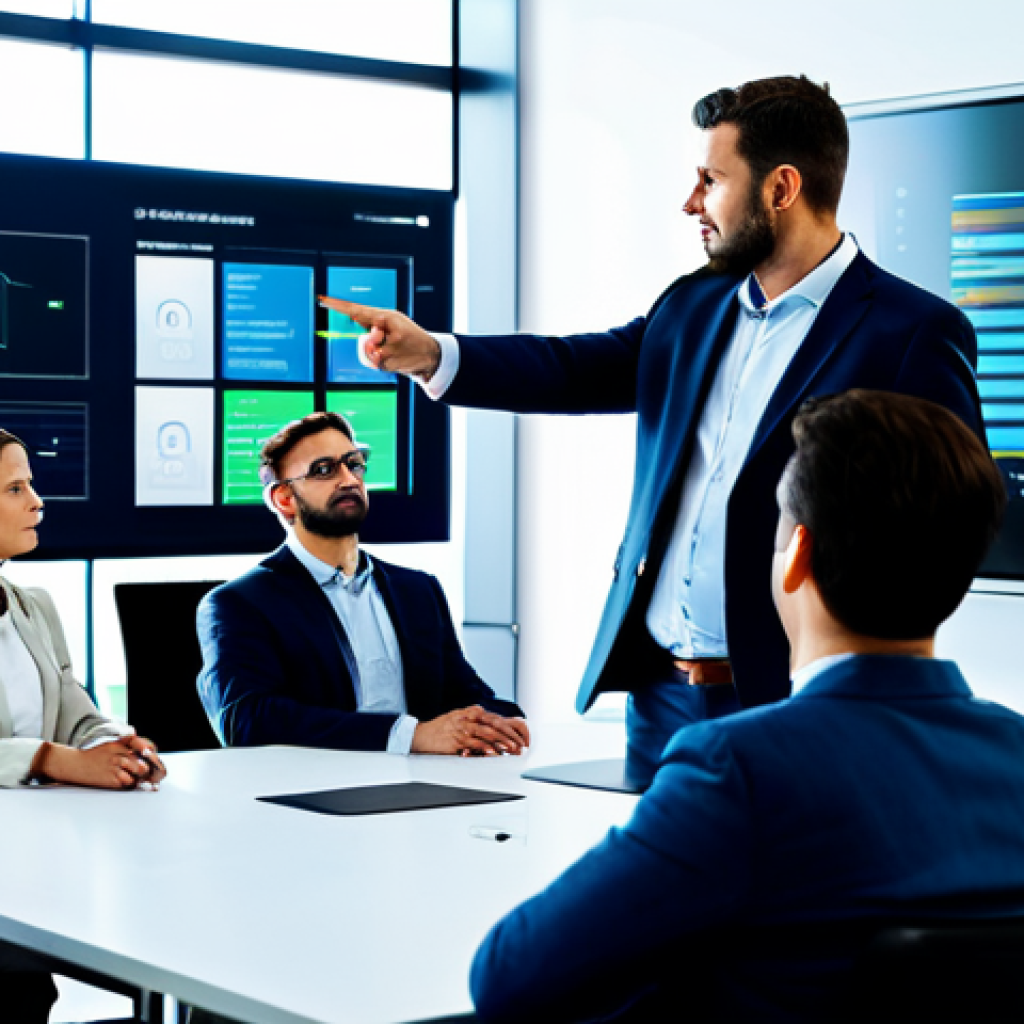 A diverse group of professional business executives, fully clothed in modest business attire, are gathered around a large interactive screen in a modern, well-lit conference room. They are actively discussing and analyzing a complex digital risk matrix displayed on the screen, pointing and collaborating with serious, focused expressions. The atmosphere is professional and collaborative. Natural pose, perfect anatomy, correct proportions, well-formed hands, proper finger count, natural body proportions. Safe for work, appropriate content, fully clothed, professional, high-resolution photography, studio lighting, detailed, clear focus.