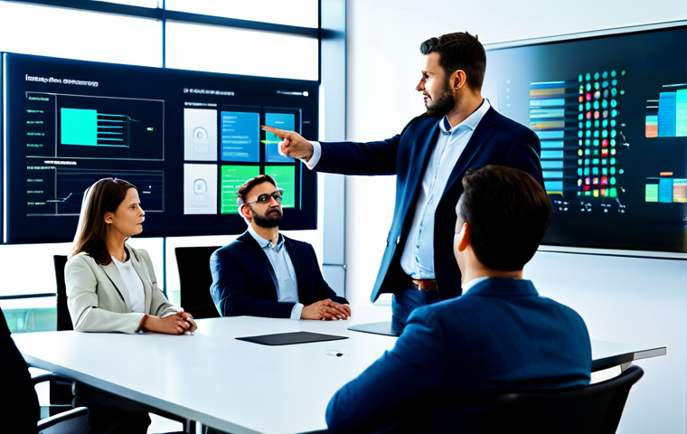 A diverse group of professional business executives, fully clothed in modest business attire, are gathered around a large interactive screen in a modern, well-lit conference room. They are actively discussing and analyzing a complex digital risk matrix displayed on the screen, pointing and collaborating with serious, focused expressions. The atmosphere is professional and collaborative. Natural pose, perfect anatomy, correct proportions, well-formed hands, proper finger count, natural body proportions. Safe for work, appropriate content, fully clothed, professional, high-resolution photography, studio lighting, detailed, clear focus.
