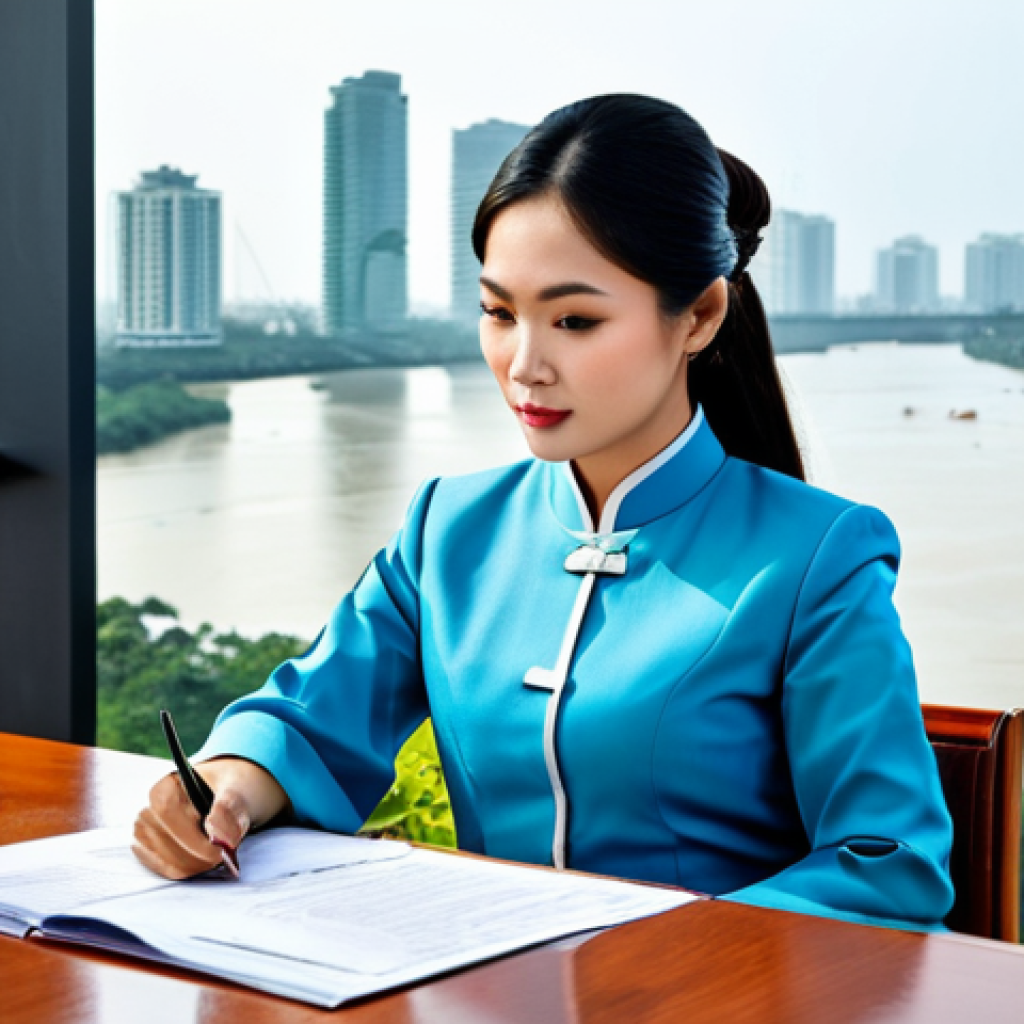 Modern Businesswoman**

A professional businesswoman in a tailored ao dai (traditional Vietnamese dress), fully clothed in modest work attire, sitting at a modern desk in a Ho Chi Minh City office with a view of the Saigon River, safe for work, perfect anatomy, natural proportions, professional photography, high quality. She is confidently reviewing documents.

**