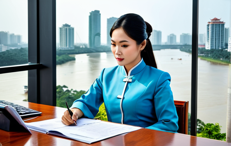Modern Businesswoman**
A professional businesswoman in a tailored ao dai (traditional Vietnamese dress), fully clothed in modest work attire, sitting at a modern desk in a Ho Chi Minh City office with a view of the Saigon River, safe for work, perfect anatomy, natural proportions, professional photography, high quality. She is confidently reviewing documents.
**