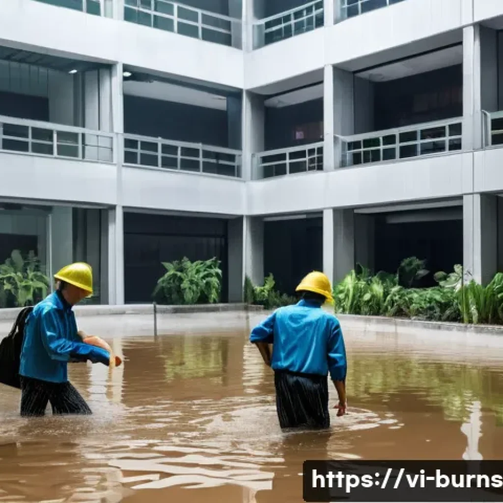 비즈니스 연속성 계획 수립하기 - **Prompt:** "A realistic, slightly dramatic image capturing the immediate aftermath of a flash flood...