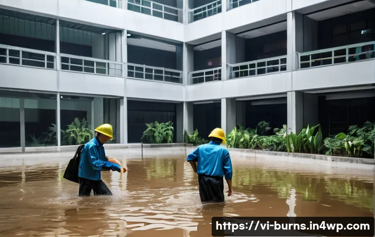 비즈니스 연속성 계획 수립하기 - **Prompt:** "A realistic, slightly dramatic image capturing the immediate aftermath of a flash flood...
