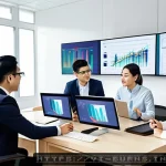 Home 21 리스크 관리 차트 및 템플릿 활용법 - A modern Vietnamese office setting showing a diverse team of business professionals analyzing a larg...