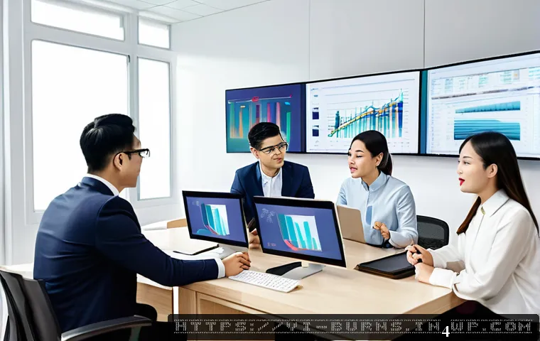리스크 관리 차트 및 템플릿 활용법 - A modern Vietnamese office setting showing a diverse team of business professionals analyzing a larg...