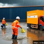Home 19 재난 관리와 비즈니스 리스크 - A detailed, realistic illustration of a Vietnamese logistics warehouse during a heavy tropical storm...