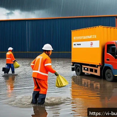 Home 31 재난 관리와 비즈니스 리스크 - A detailed, realistic illustration of a Vietnamese logistics warehouse during a heavy tropical storm...