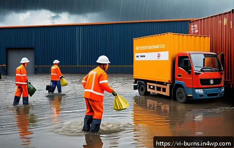 재난 관리와 비즈니스 리스크 - A detailed, realistic illustration of a Vietnamese logistics warehouse during a heavy tropical storm...