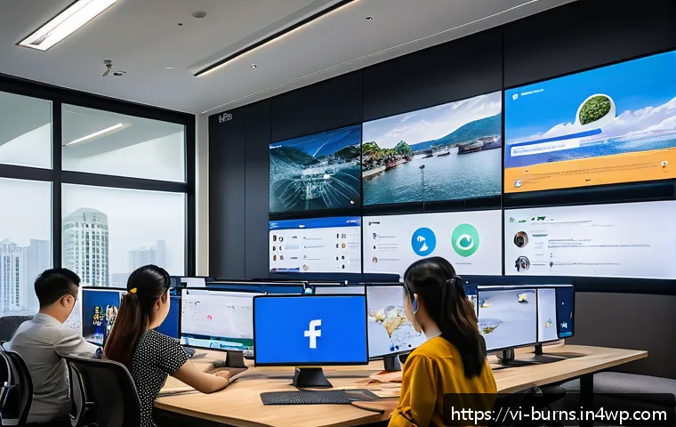 소셜 미디어 리스크 관리의 중요성 - A modern Vietnamese office environment where a diverse team of young professionals monitors multiple...